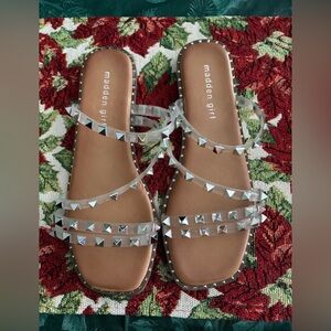 Madden Girl Clear Studded Slide Sandals with Tan Footbed